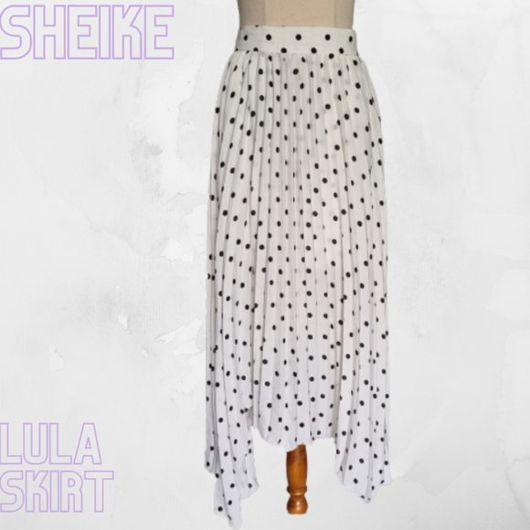 Sheike Dresses & Skirts - Sheike Lala Black & White Polka Dot Asymmetrical Pleated Midi Skirt Size 14
